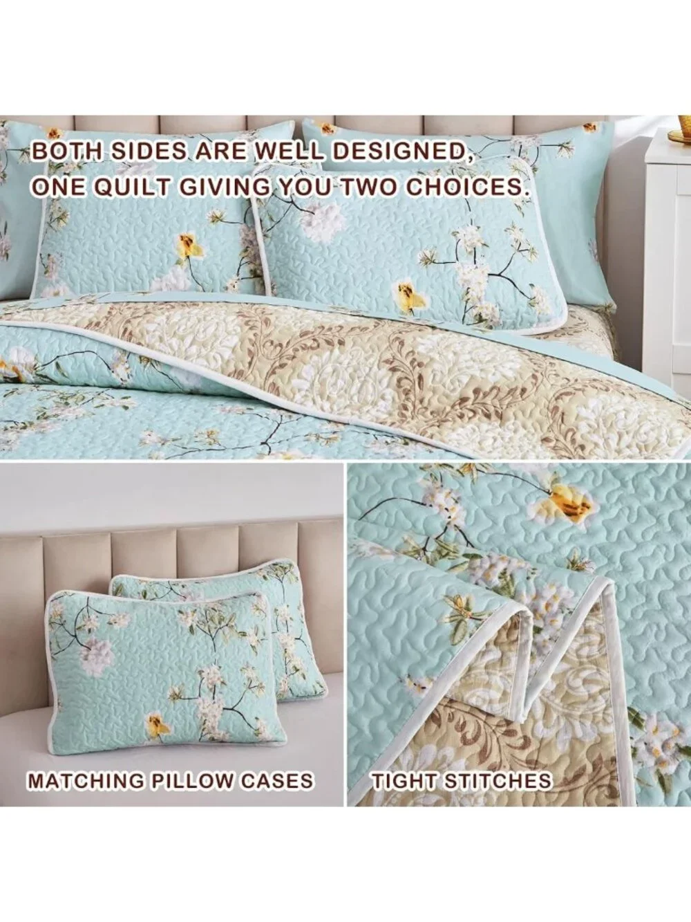 Reversible Floral Quilt Set - Aqua Microfiber Bedspread, Lightweight All-Season